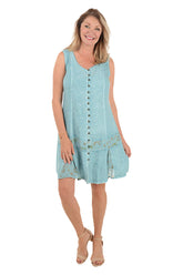 Celadon Palm Embroidery Button-Front Tank Dress