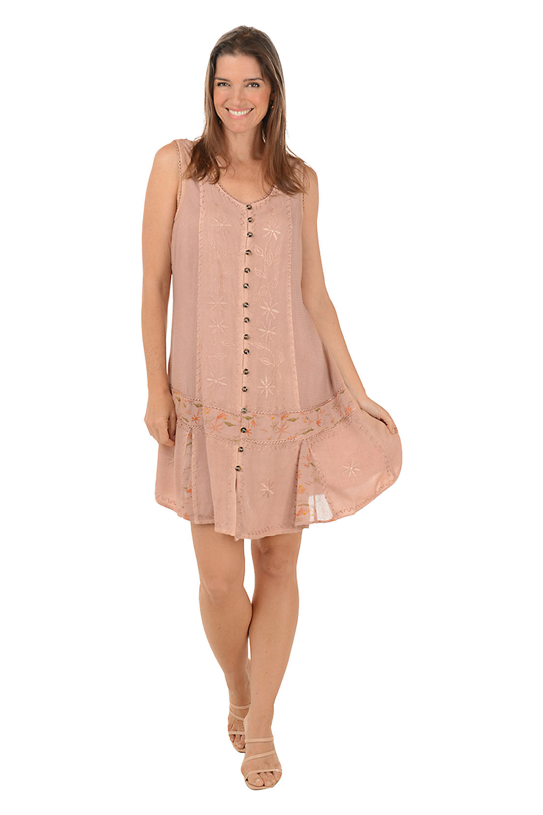 Sand Palm Embroidery Button-Front Tank Dress
