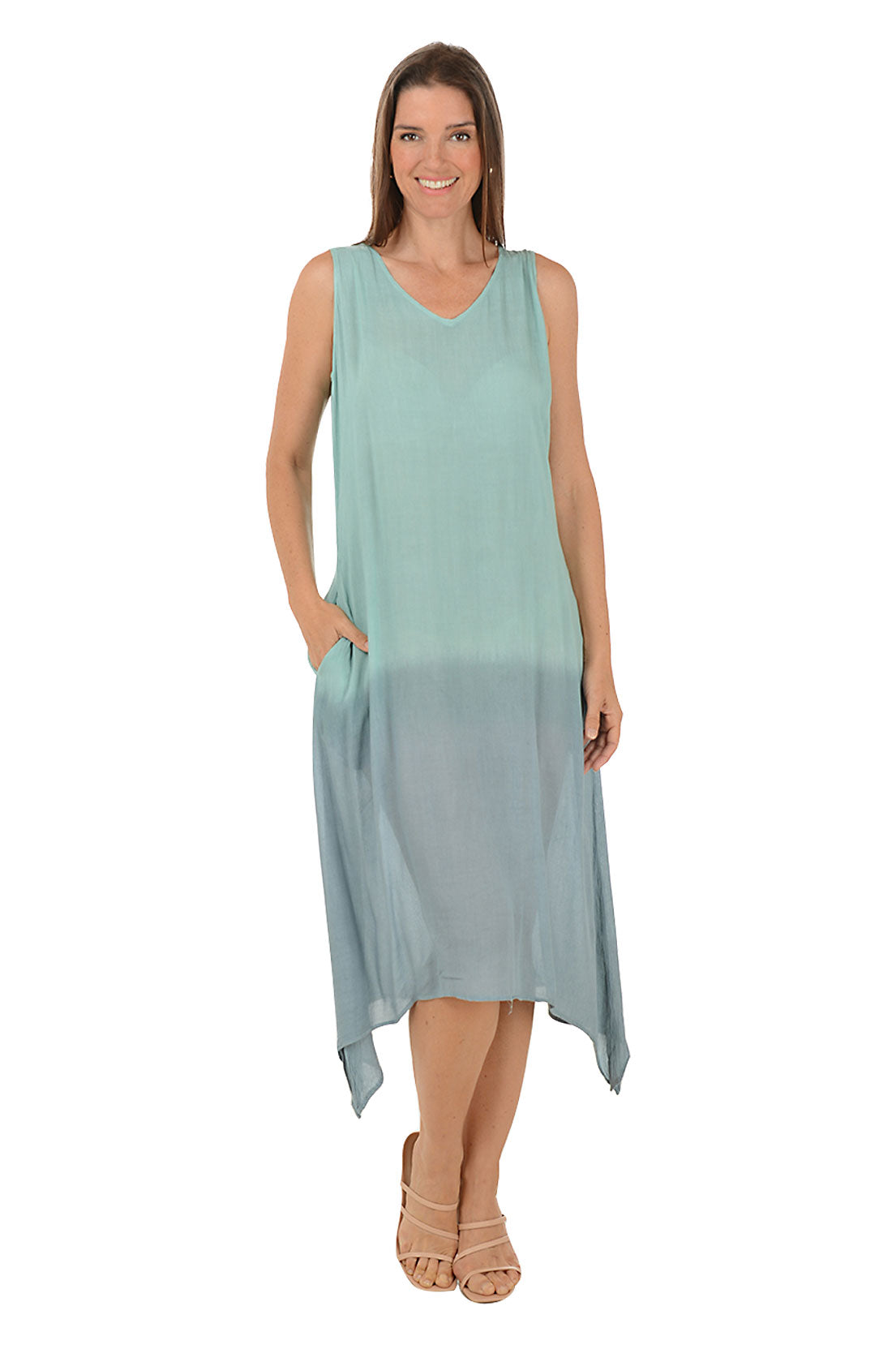 Celadon Dip-Dye Sleeveless Midi Dress