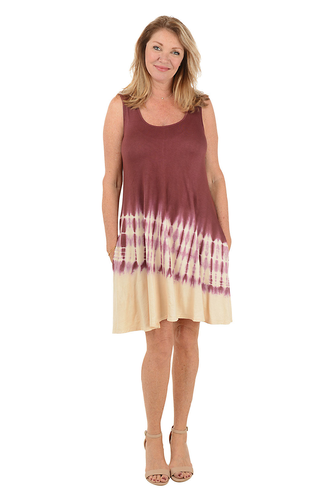 Burgundy Diagonal Tie-Dye Sleeveless Dress