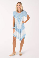 Chambray Tie-Dye Lace-Up Neck Dress