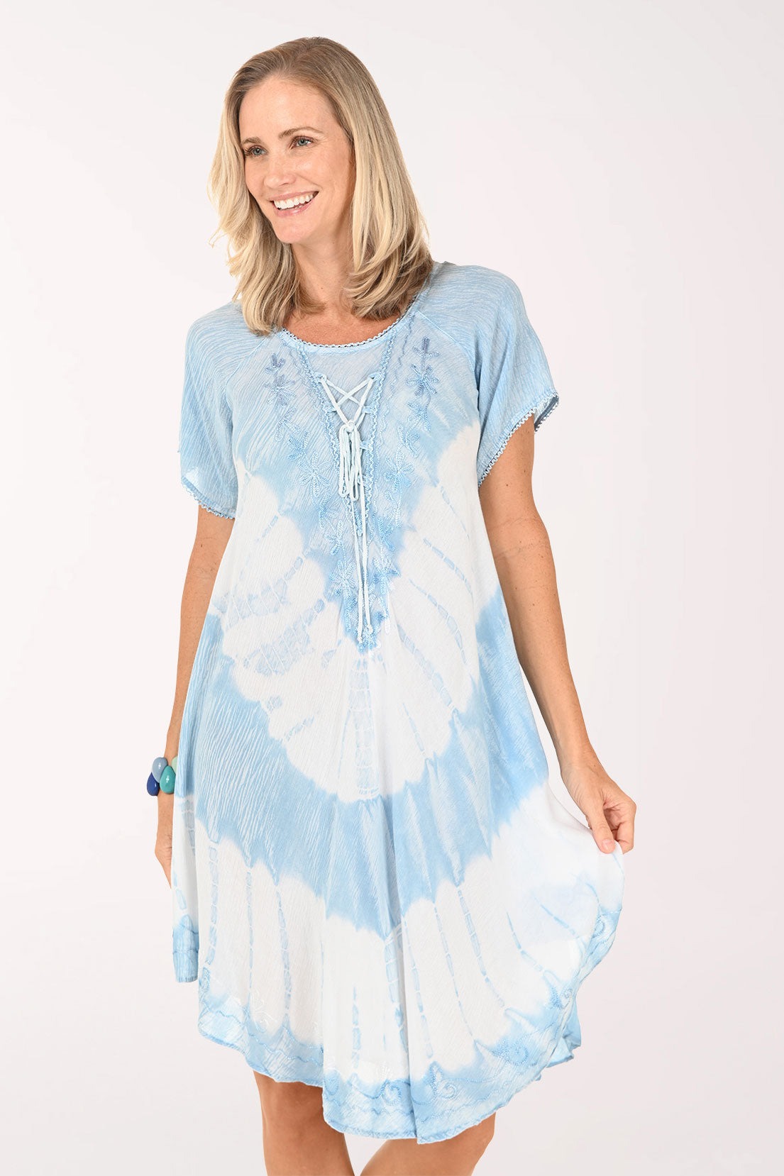 Chambray Tie-Dye Lace-Up Neck Dress