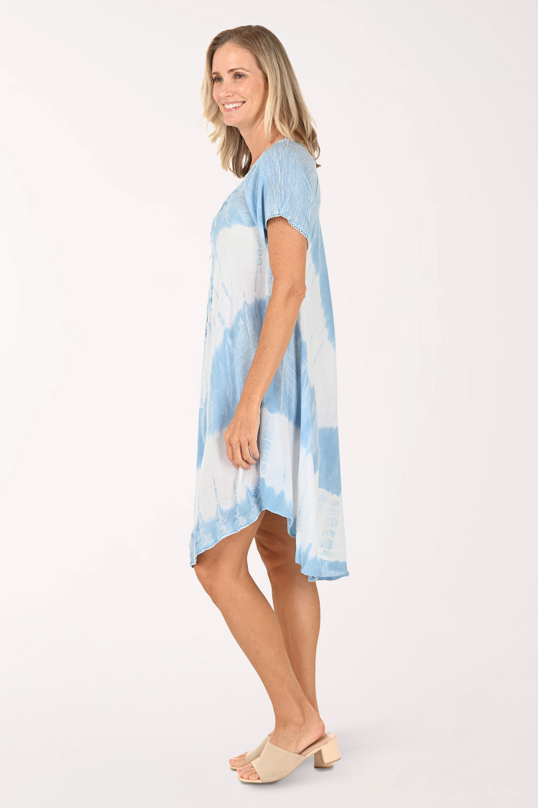 Chambray Tie-Dye Lace-Up Neck Dress