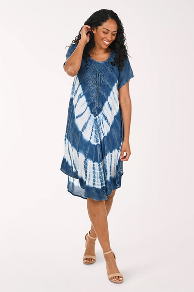 red white blue tie dye dress Raya Sun Indigo Tie-dye Lace-up Neck - Indigo MOTIVO_380 profilo suola nero Women's Wide US Size:11W 100% Rayon (prewashed and Metallic Babydoll Short Prom