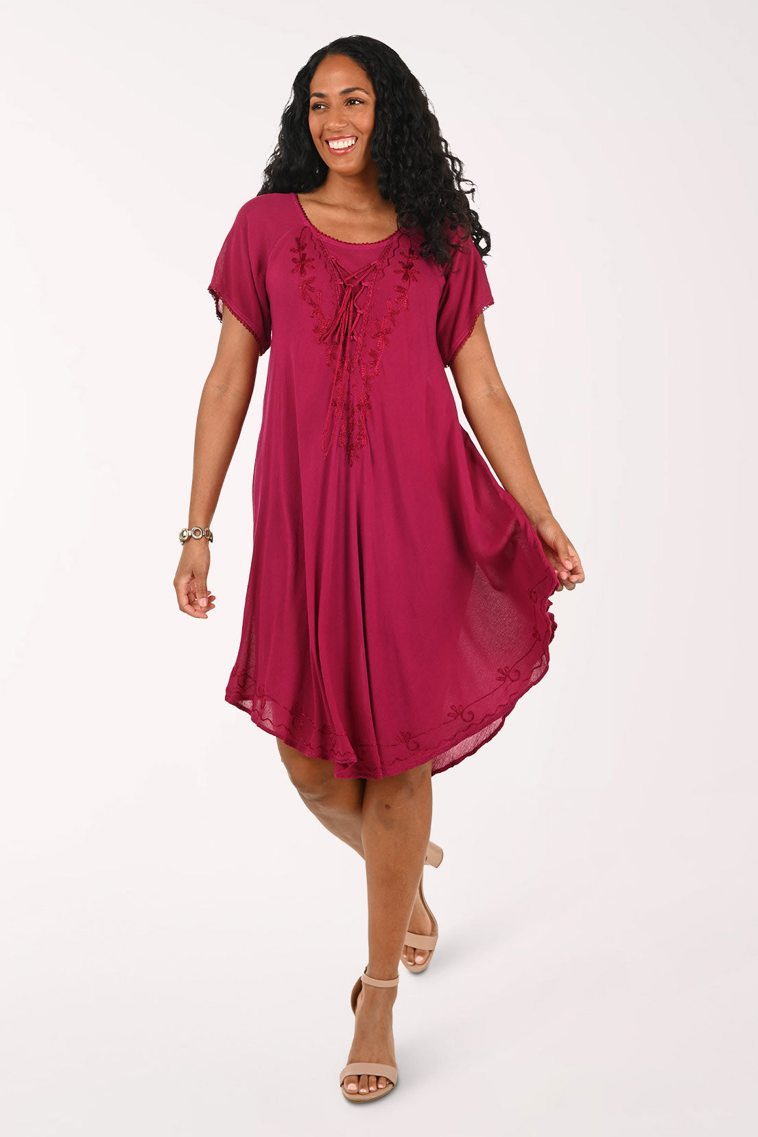 Embroidered Lace-Up Neck Short Sleeve Dress