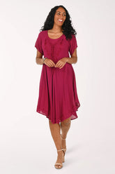 Embroidered Lace-Up Neck Short Sleeve Dress