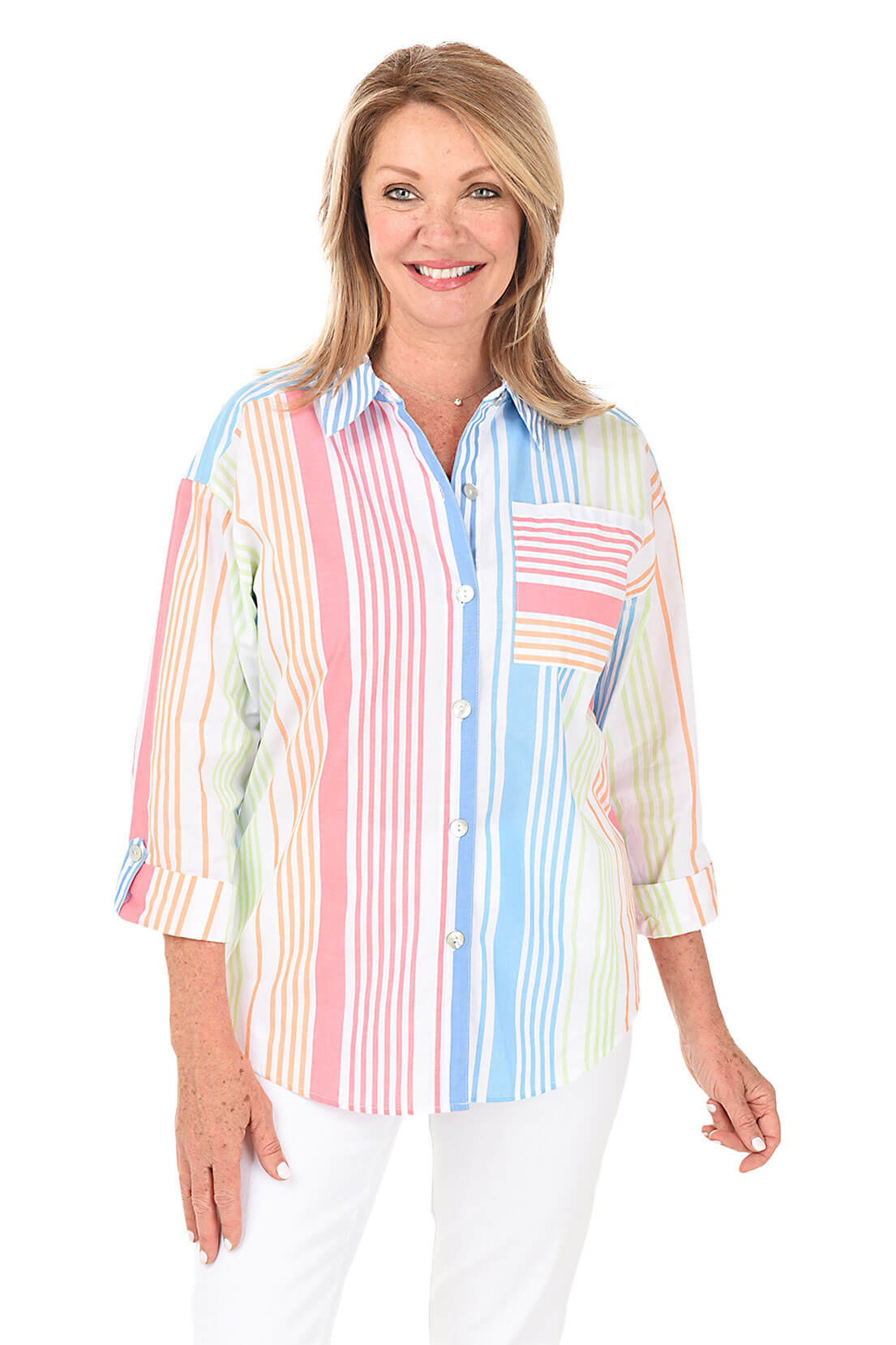 Petite Patio Party Colorful Striped Cotton Shirt