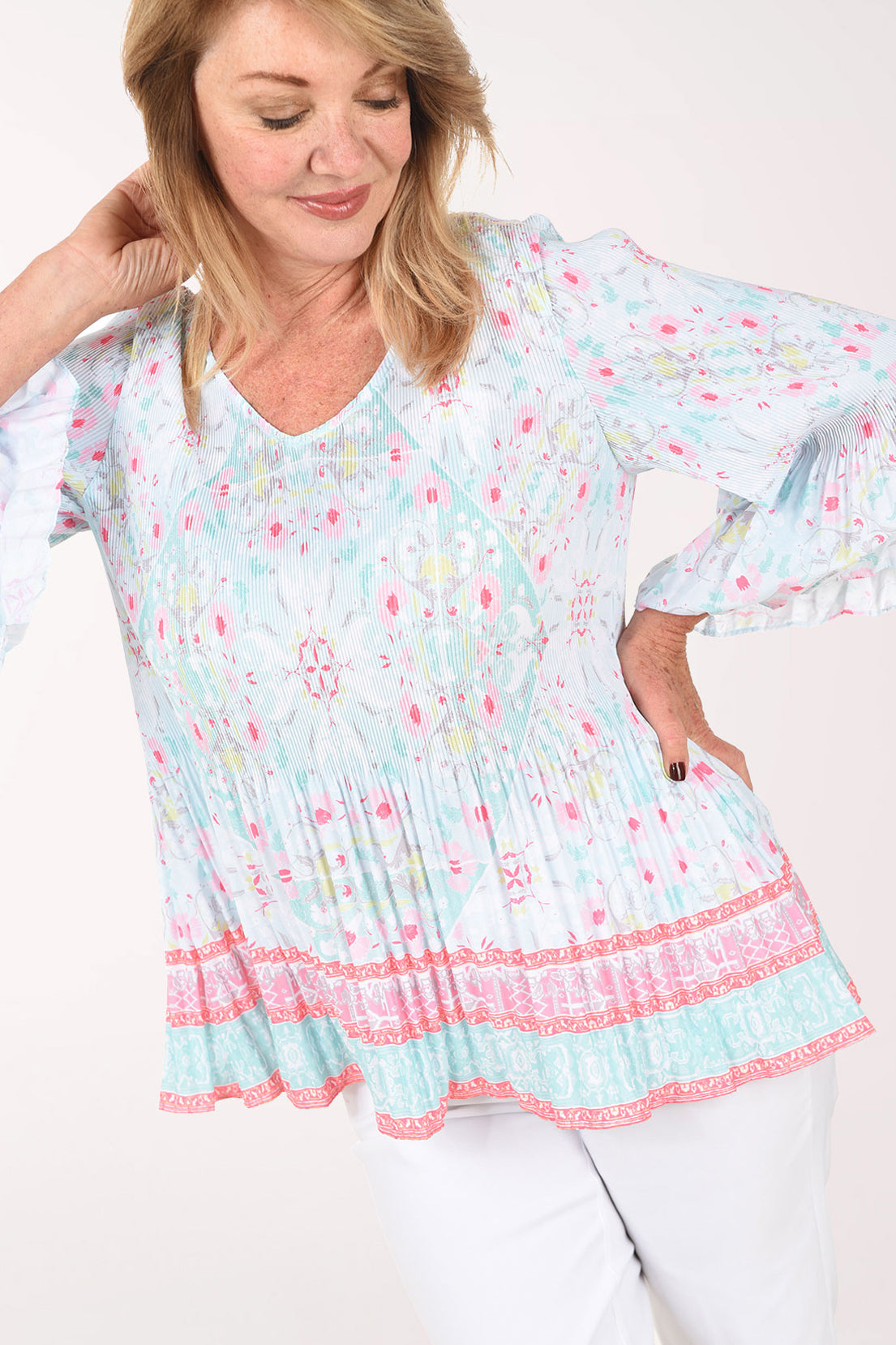 Petite Renaissance Romance Tapestry Print Pleated Blouse | Ruby Rd.