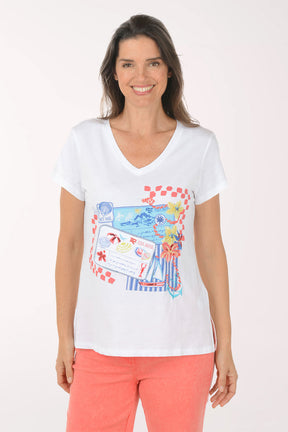Woman wearing a white t-shirt with colorful graphic design on a white background