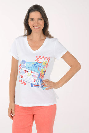 Woman wearing a white t-shirt with colorful graphic design on a white background