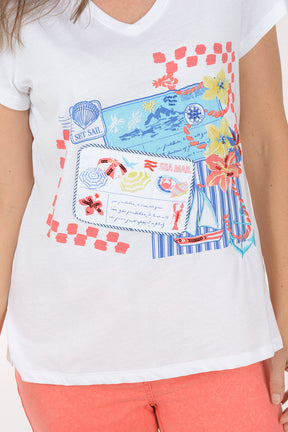Woman wearing a white t-shirt with colorful graphic design on a white background