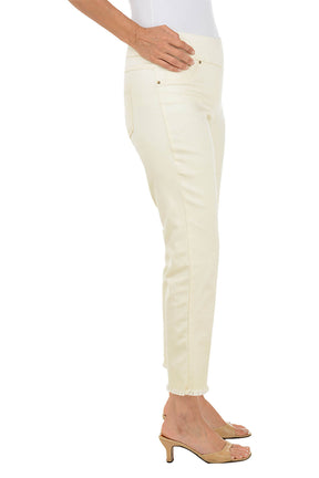 Beige pants worn by a person on a white background