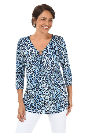 Blue Studded Cheetah Ring-Neck Knit Top