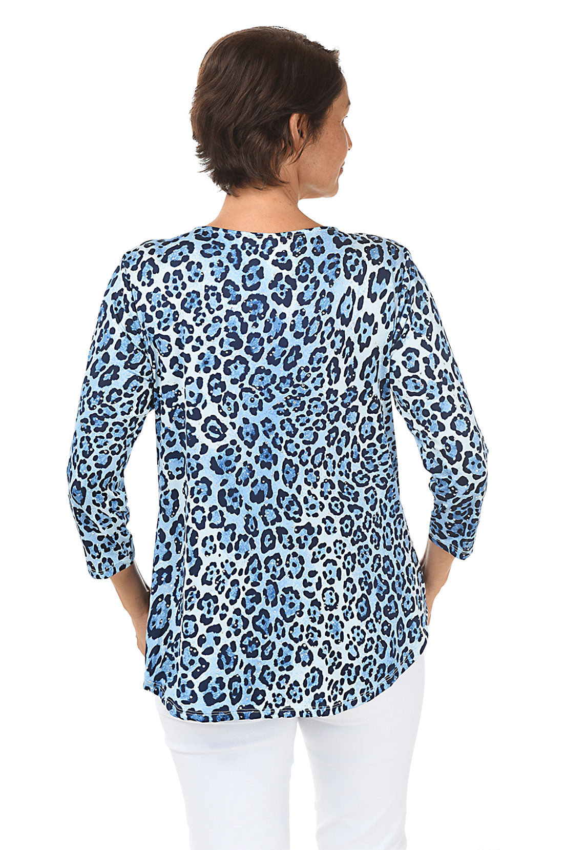 Blue Studded Cheetah Ring-Neck Knit Top