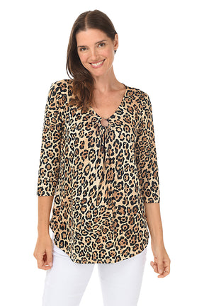 Chestnut Studded Cheetah Ring-Neck Knit Top