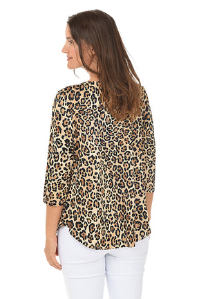 Chestnut Studded Cheetah Ring-Neck Knit Top