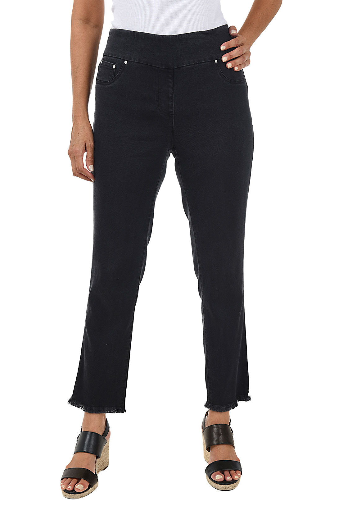 Frayed Pull-On Denim Twill Ankle Pant