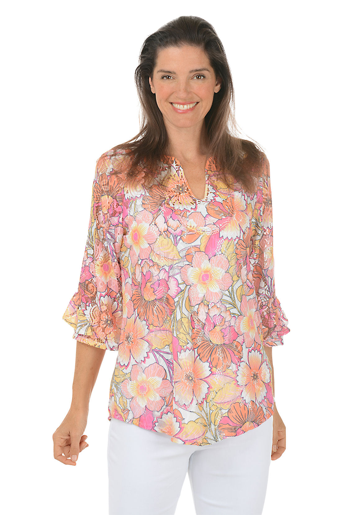 Color Crush Floral Lace Ruffle Sleeve Top