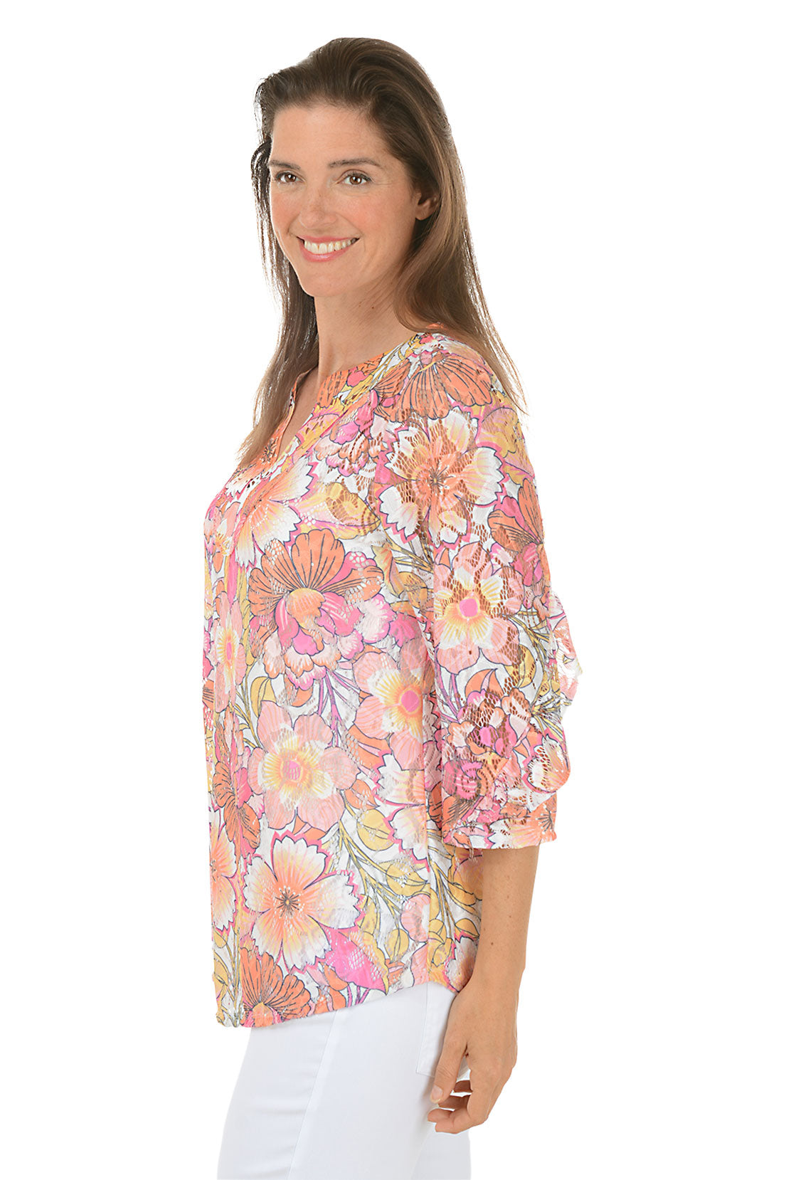 Color Crush Floral Lace Ruffle Sleeve Top