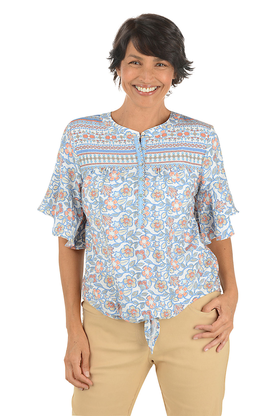 Boho Chic Ruffle Sleeve Tie-Front Blouse