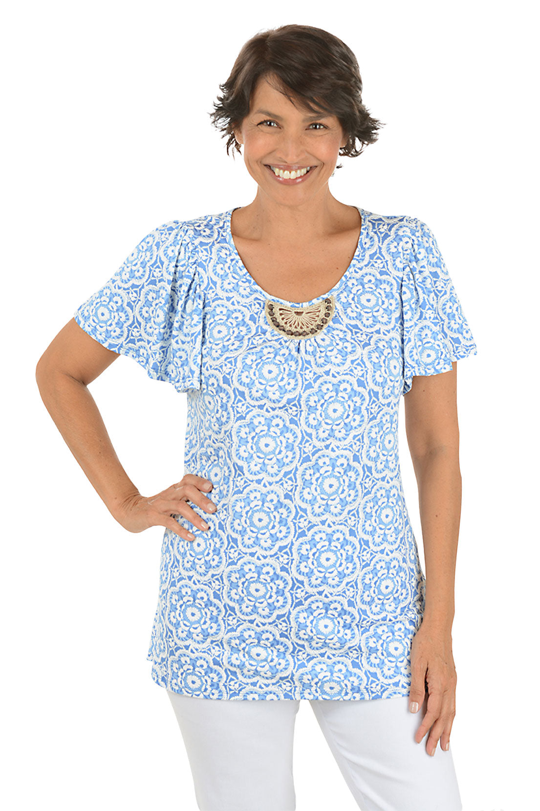 Boho Chic Puff Print Crochet Keyhole Top