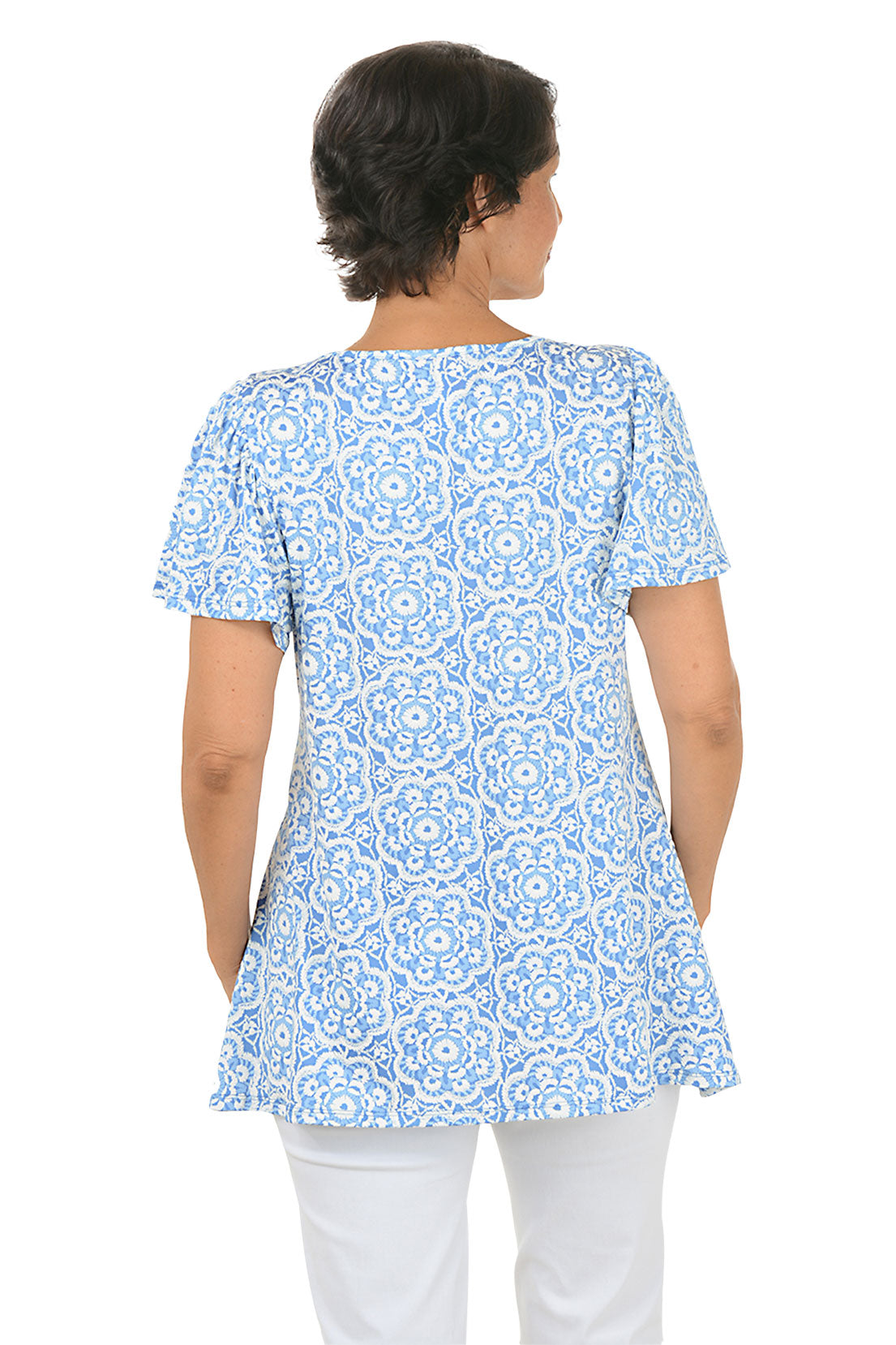 Boho Chic Puff Print Crochet Keyhole Top