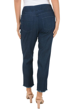 Dark blue jeans worn by a person on a white background. Back shot.