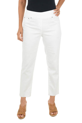 Person wearing white pants on a white background.