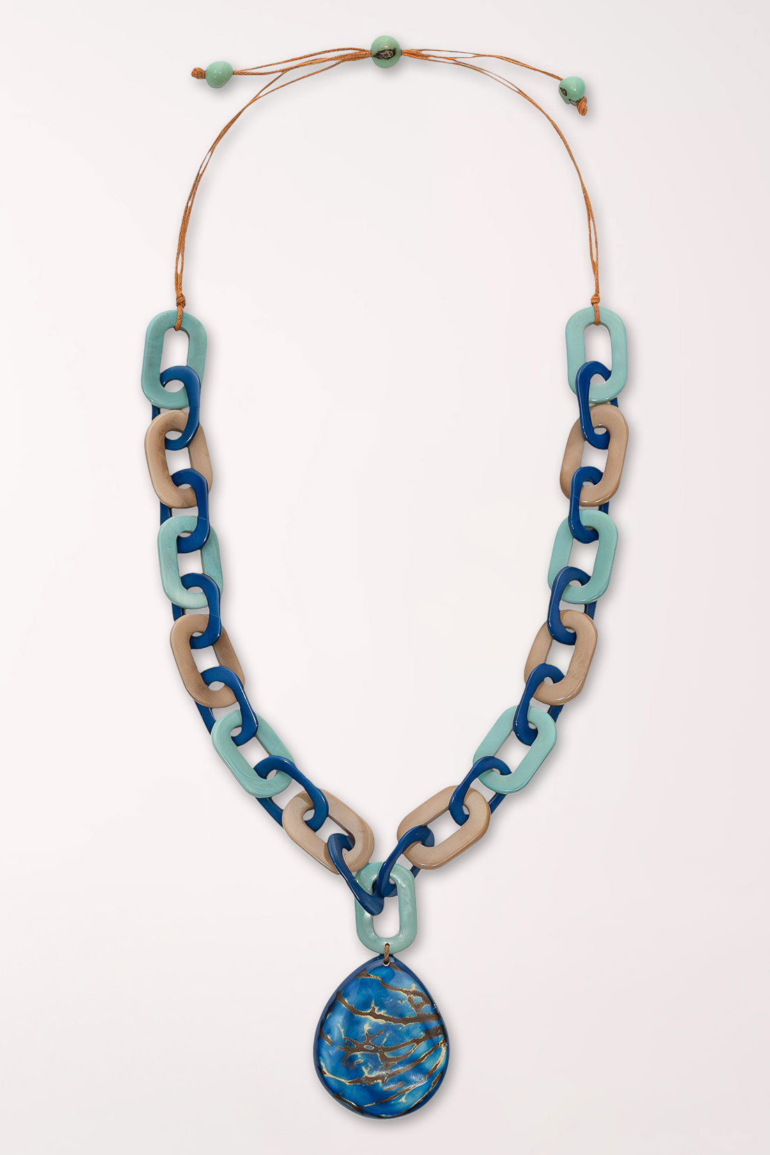 Necklace with blue and beige chain links on a white background