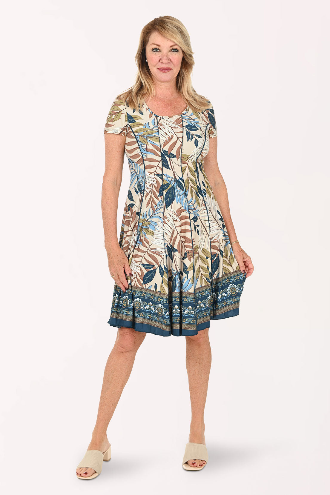 Woman wearing a short sleeve multi dress 
