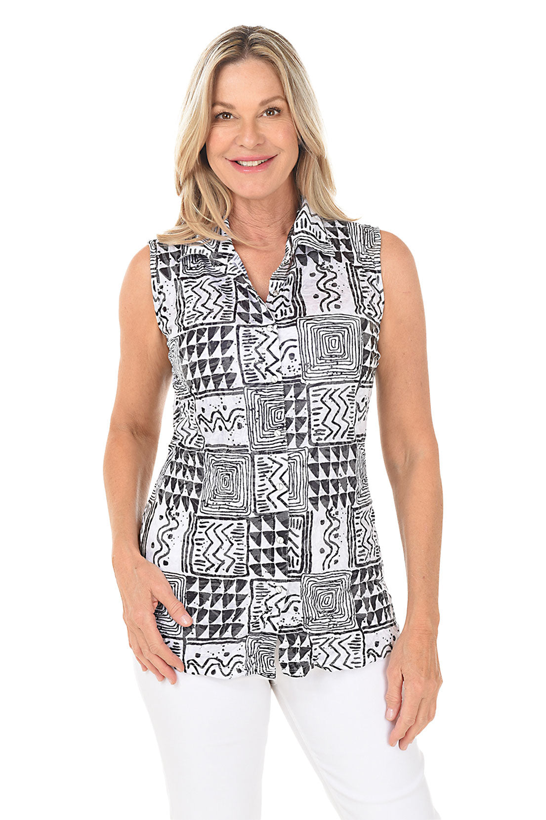 Geo Patches Sleeveless Button-Front Crinkle Top