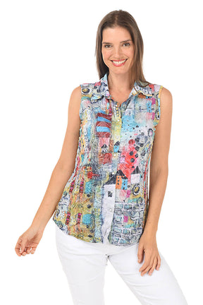 Blue House Sleeveless Button-Front Crinkle Top