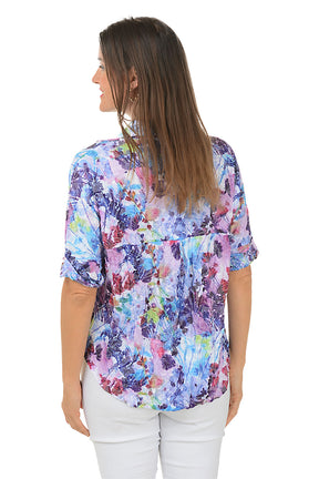 Purple Flower Crinkle Button-Front Shirt