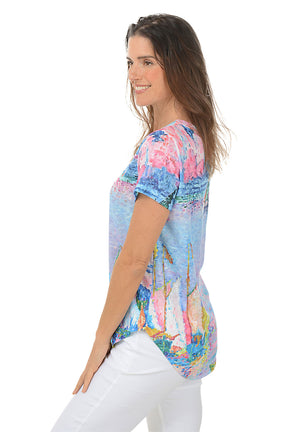 Sailboat Scene Slub Knit Short Sleeve Top