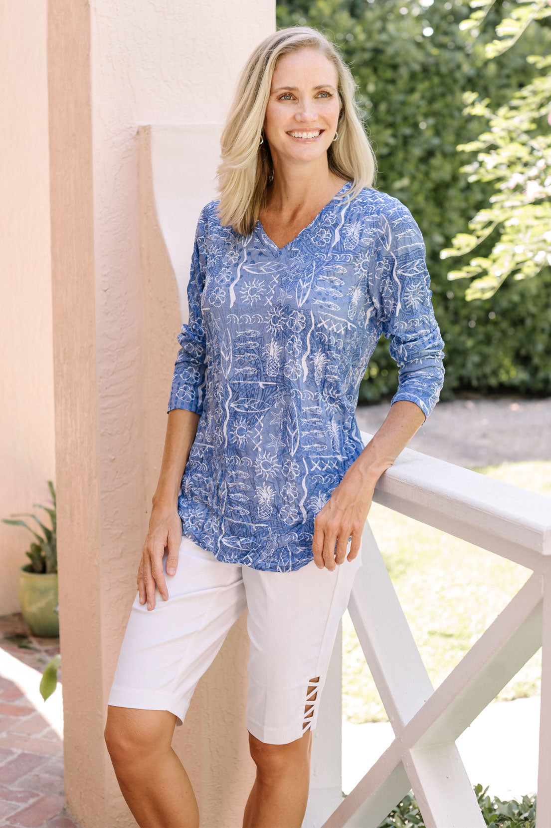 Island Tropics Crinkle V-Neck Top
