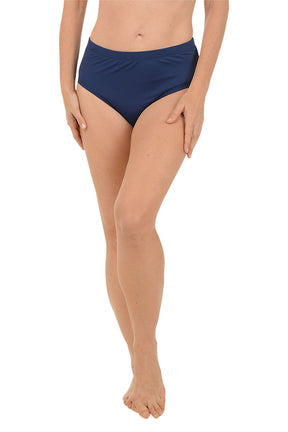 A woman wearing a navy blue swim brief.