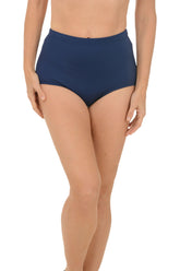 Navy blue high-waisted bikini bottom on a white background