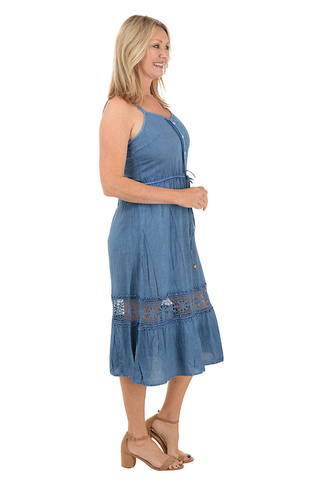 Lacy Denim Tie-Waist Sleeveless Dress