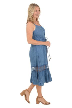 Lacy Denim Tie-Waist Sleeveless Dress