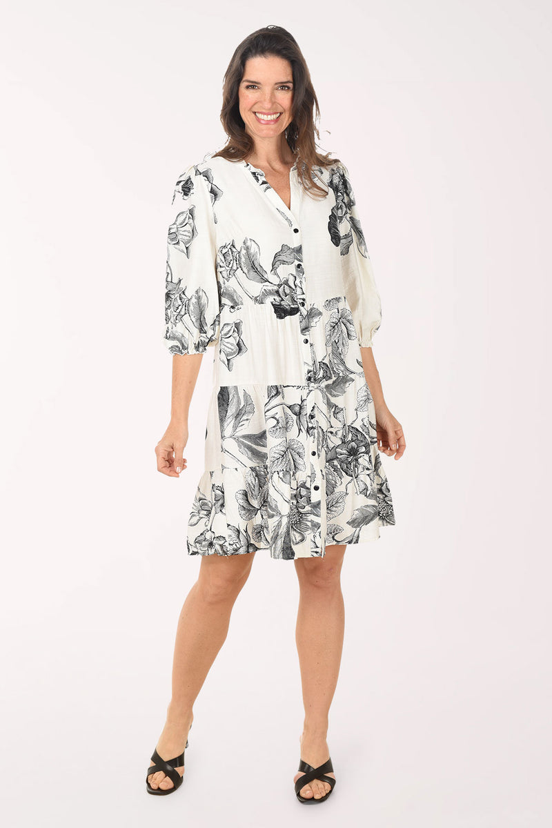 Ivory Floral Button-Front Tiered Dress
