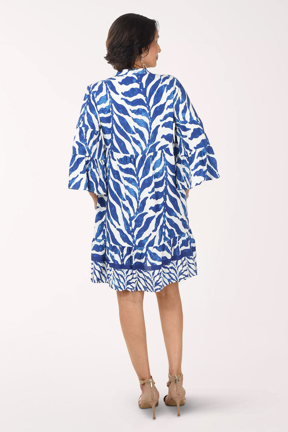 Mlle Gabrielle Blue Leaves Tiered Bell Sleeve Dress - Navy
