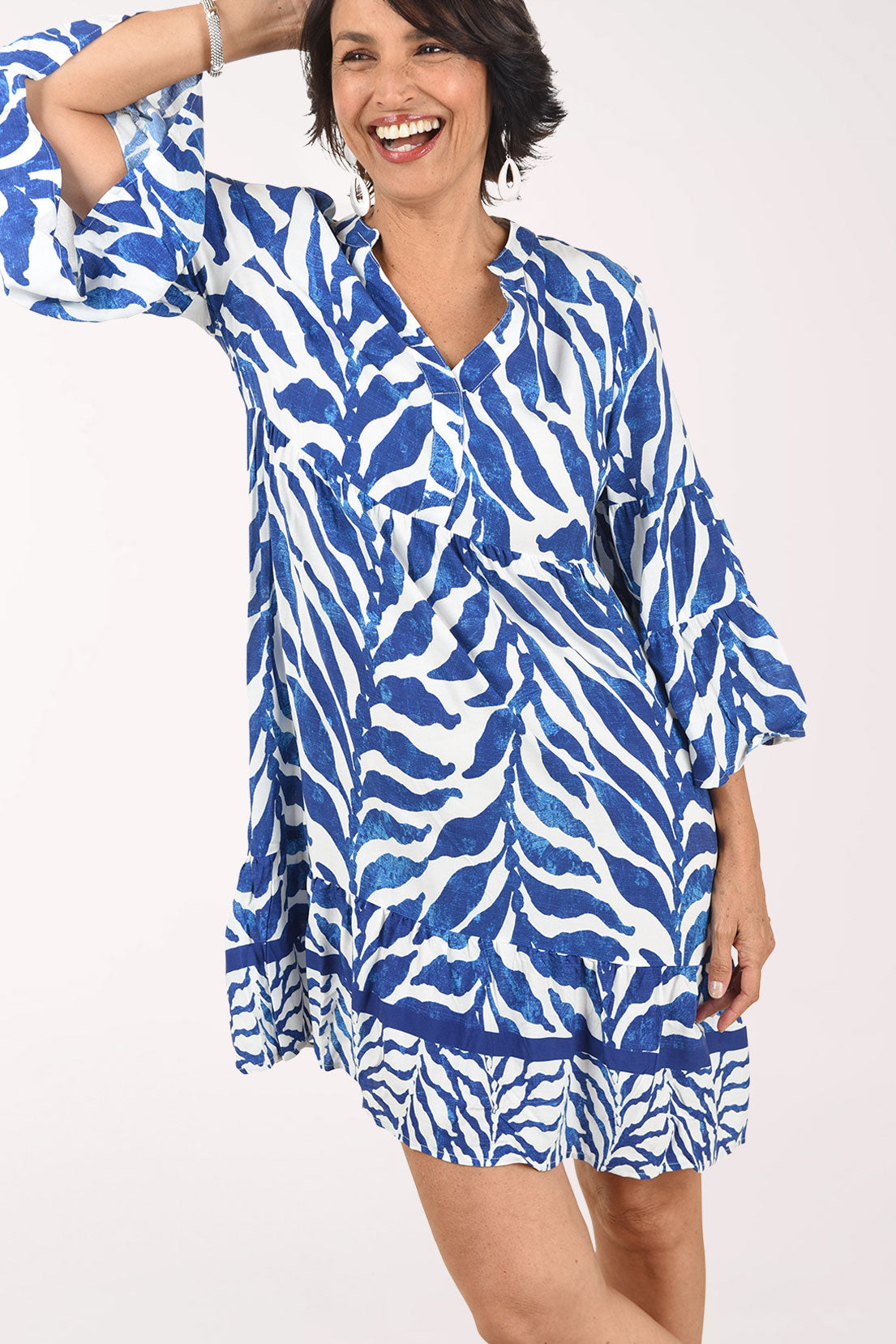 Mlle Gabrielle Blue Leaves Tiered Bell Sleeve Dress - Navy - Size L Mlle Gabrielle Blue Leaves Tiered Bell Sleeve Dress - Navy - Size L