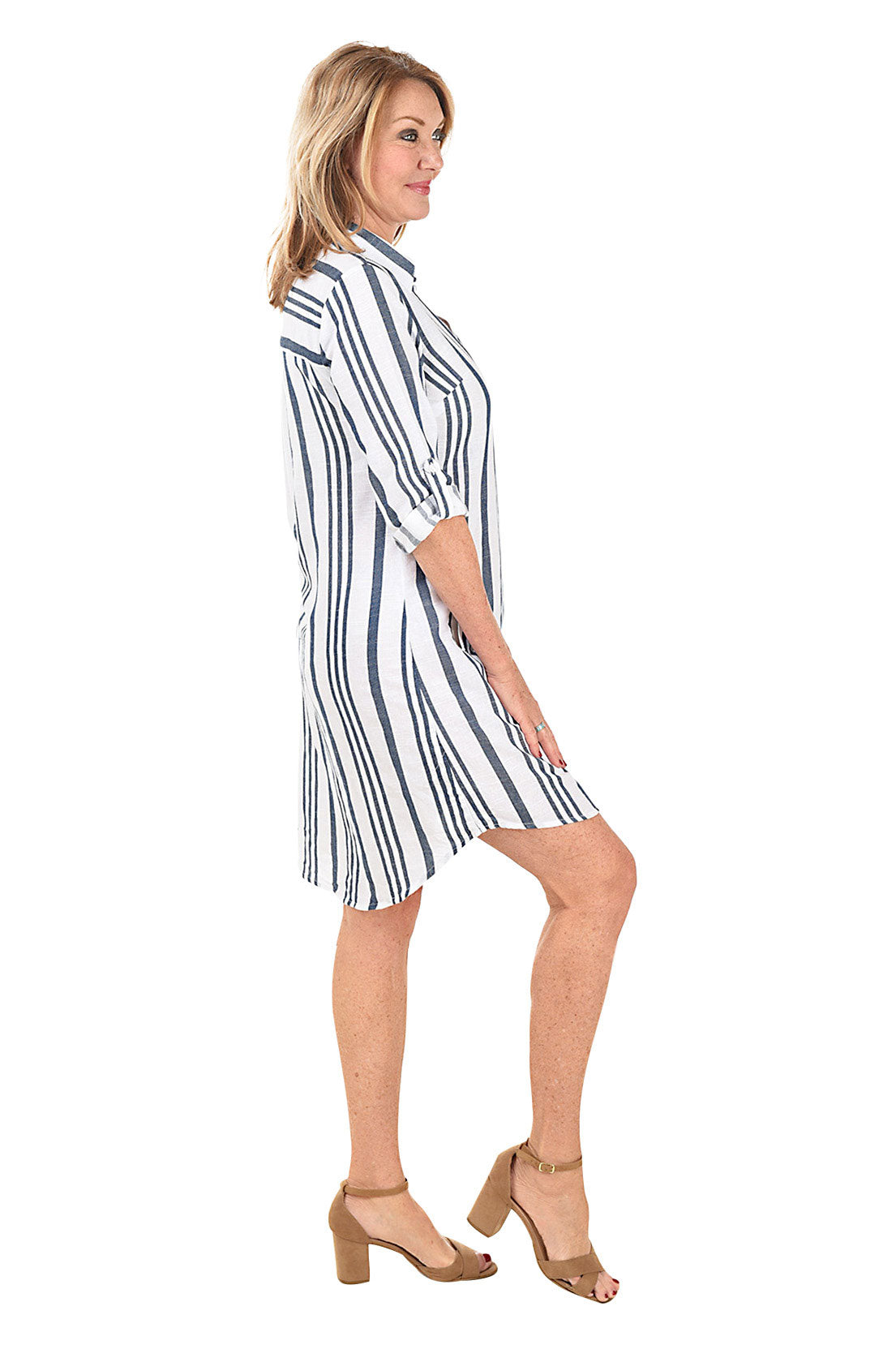 Stripe Collared Roll-Sleeve Dress