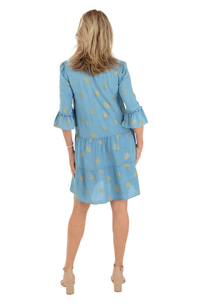 Golden Leaf Tiered Chambray Dress