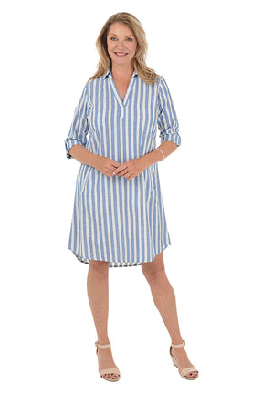 Silver Striped 3/4 Sleeve Collared Dress
