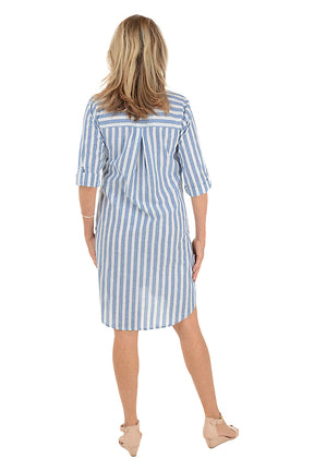 Silver Striped 3/4 Sleeve Collared Dress