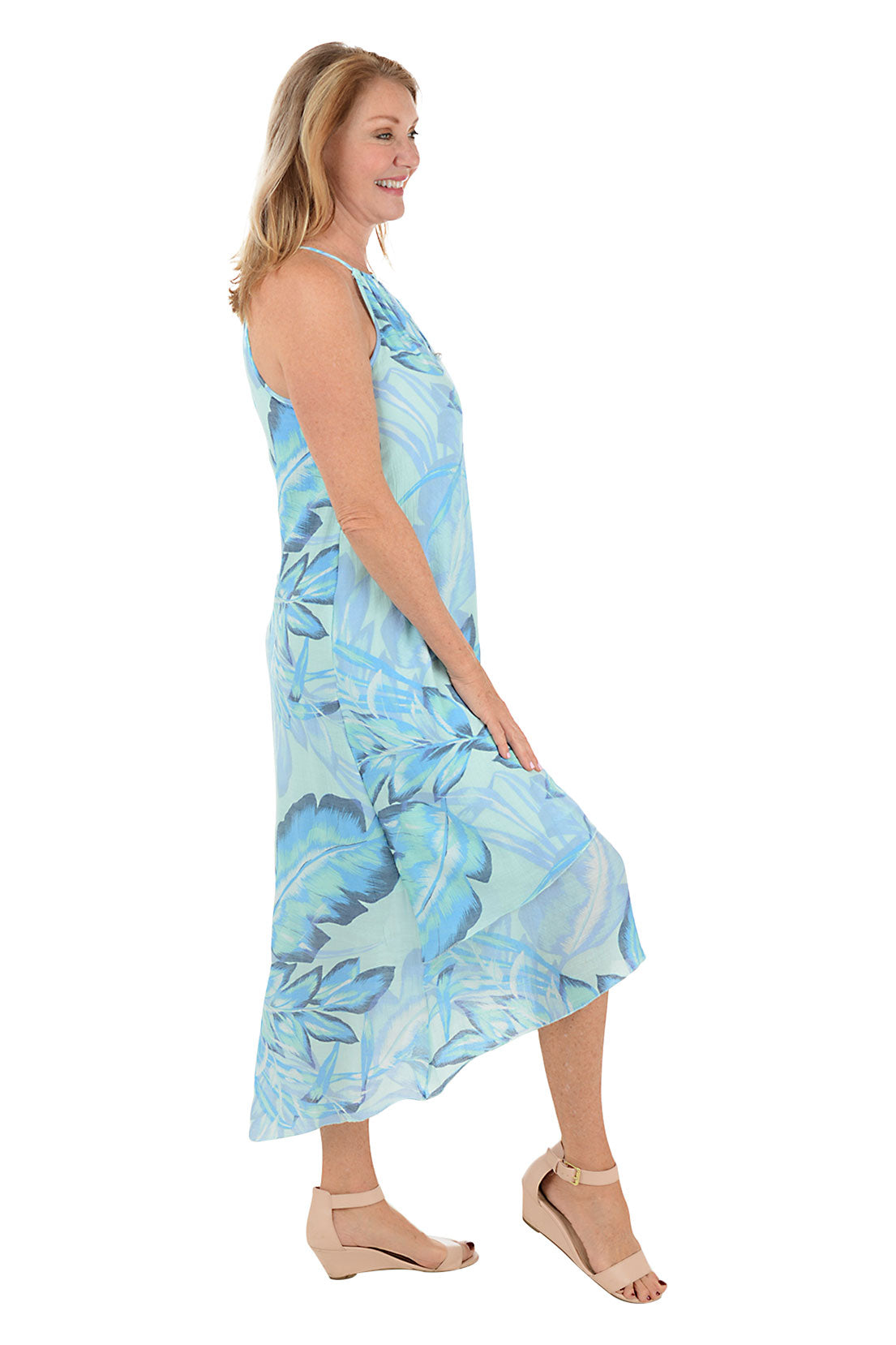 Aqua Leaves Necklace Sleeveless Dress