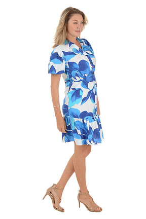 Blue Petals Puff Sleeve Button-Front Dress
