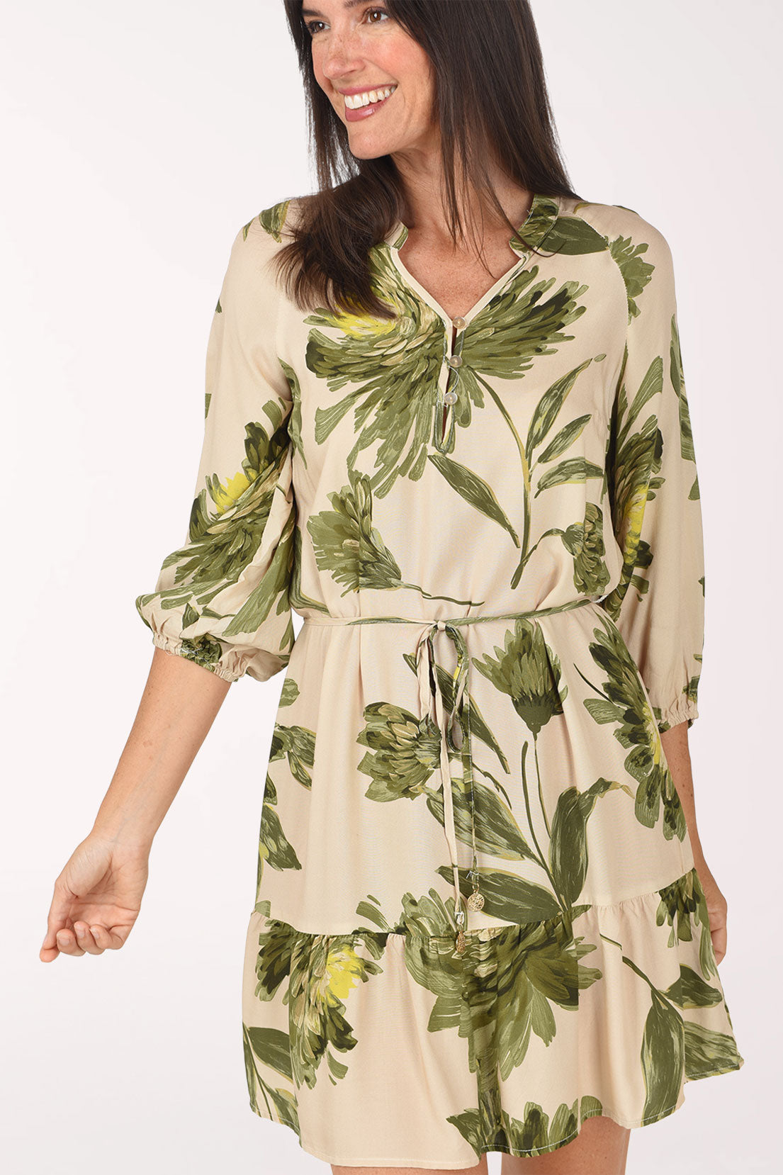 Close-up of the buttoned split V-neck on the Green Blossom Belted Dress