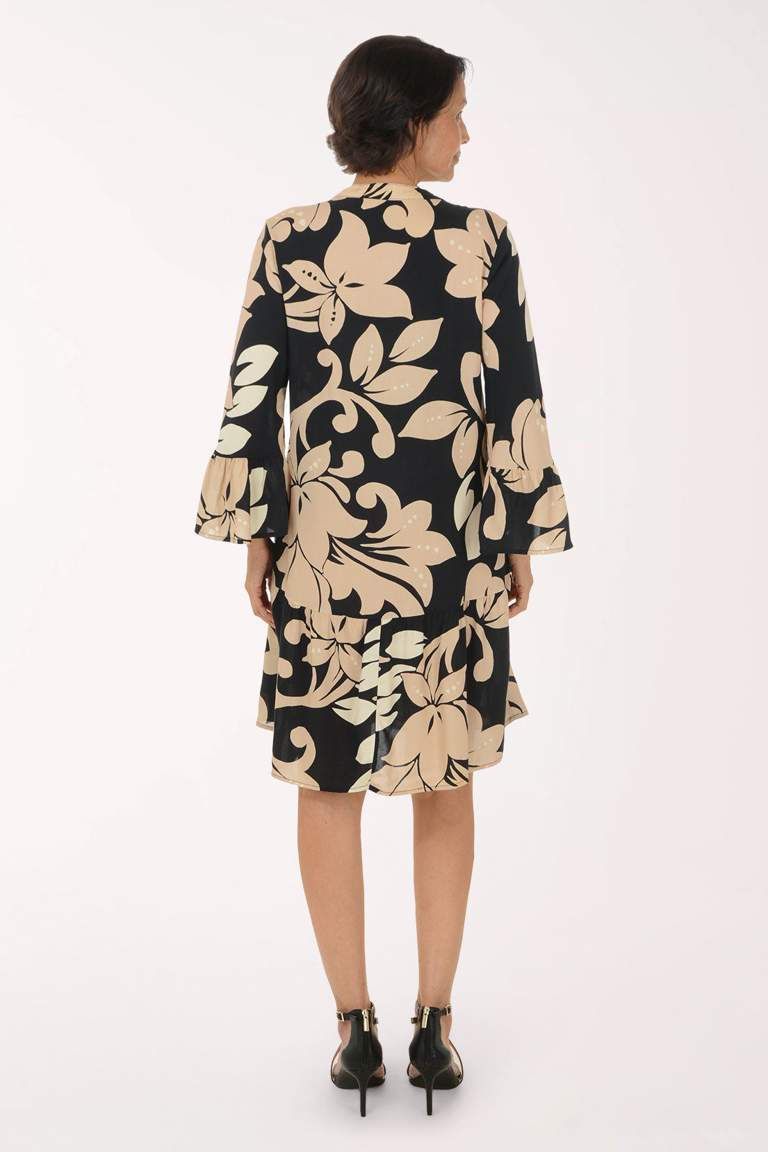 Taupe Petals Bell Sleeve Tiered Dress
